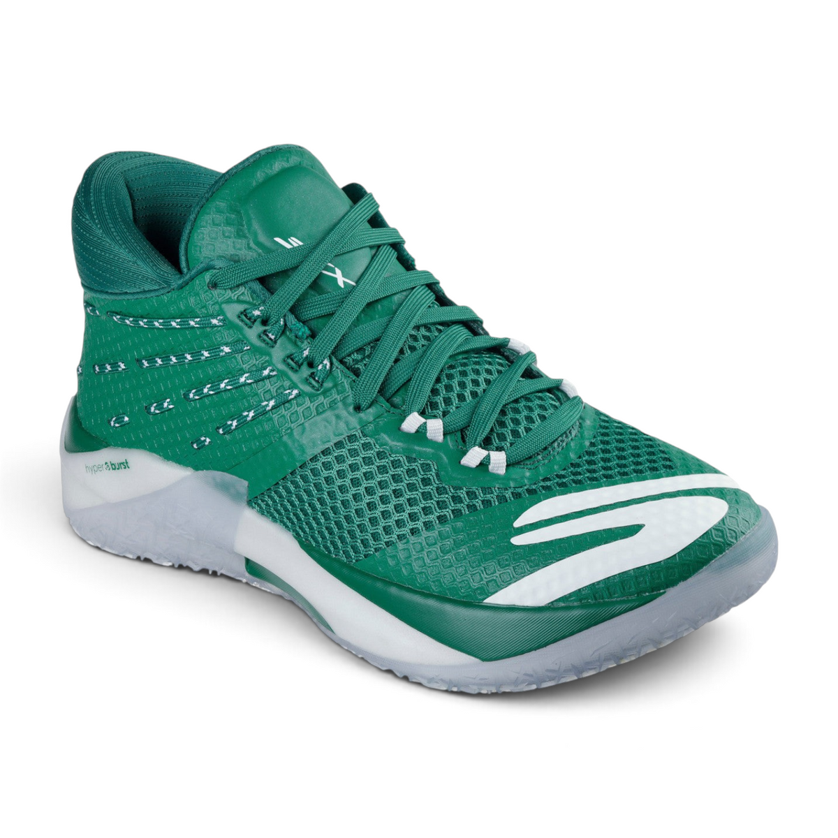 FRG SKX REIGN basketball shoe in vibrant green with breathable mesh upper, white logo detailing, and cushioned sole.