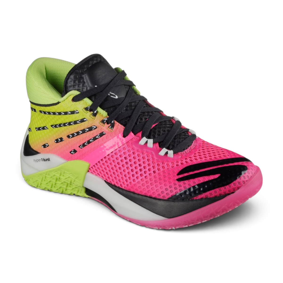 FRG Skechers Basketball REIGN mid-top shoes in vibrant pink and lime green mesh with black accents and traction sole.