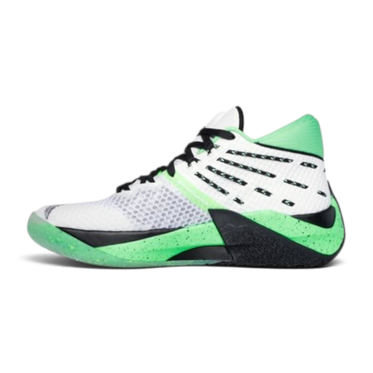 FRG Skechers SKX REIGN mid-top basketball shoes in white, blue, and lime green with a speckled performance sole.