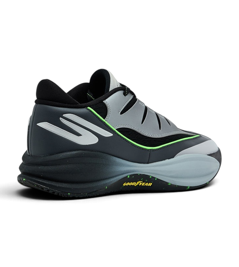 FRG Skechers SKX B-Lite basketball shoe in charcoal, black, and lime with a Goodyear rubber outsole, side view.