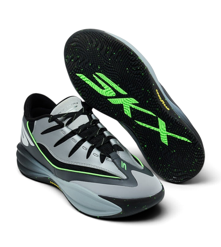 FRG Skechers SKX B-Lite low top basketball shoe in charcoal, black, and lime with a Goodyear rubber outsole.