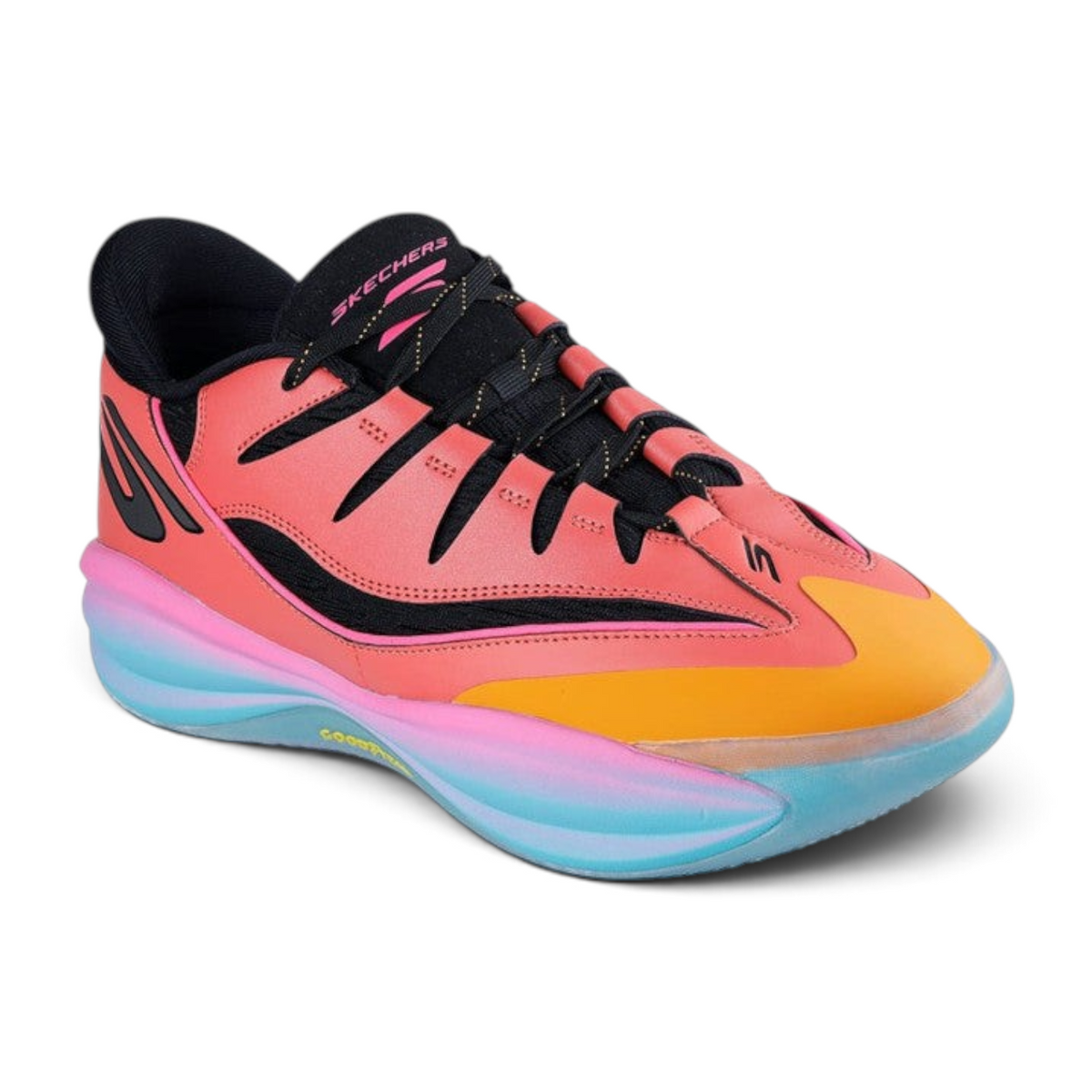 FRG Skechers SKX B-LITE low-top basketball sneakers in black, coral, orange, and blue with a durable traction sole.