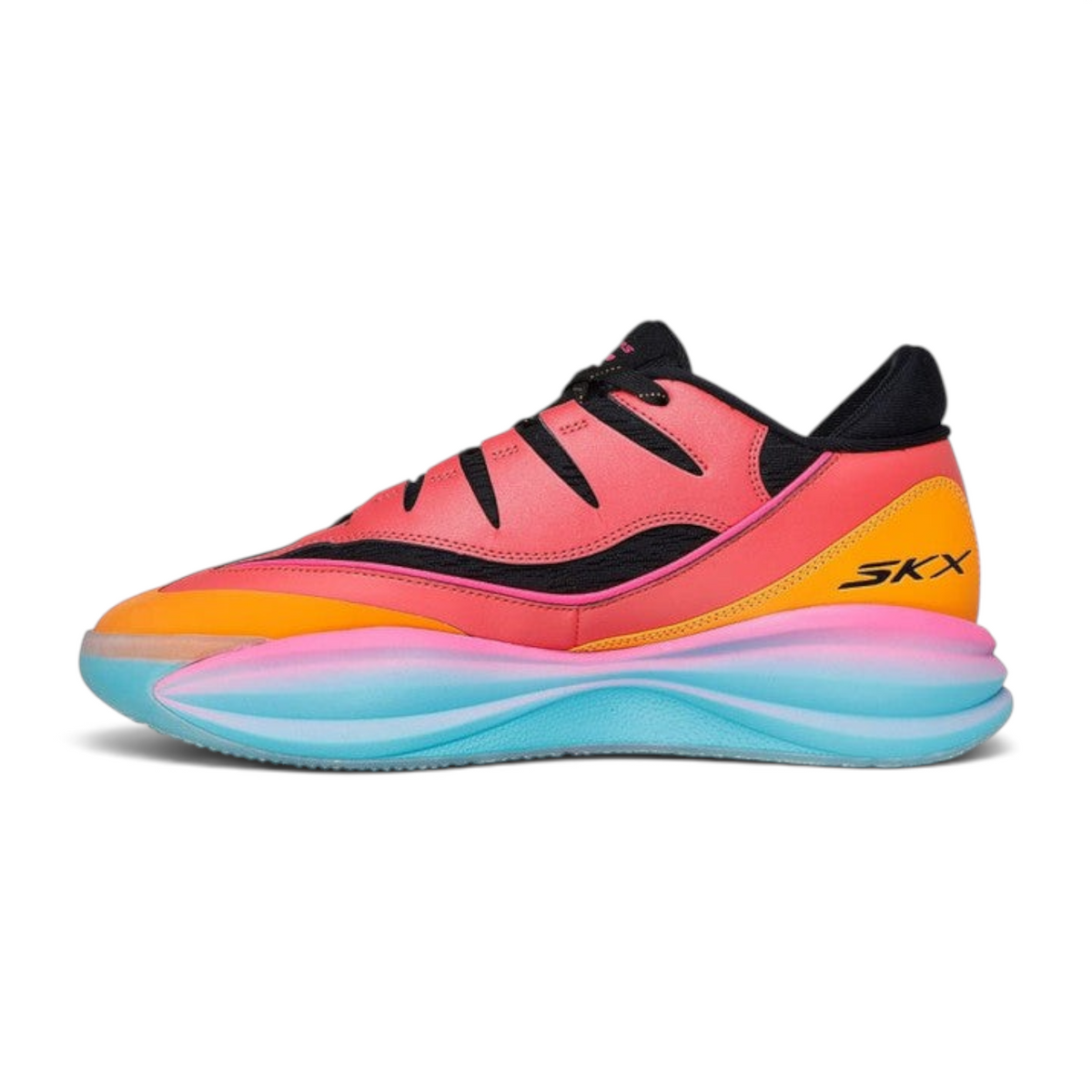 FRG Skechers SKX B-LITE low-top basketball sneakers in vibrant orange, pink, and blue with a chunky traction sole.