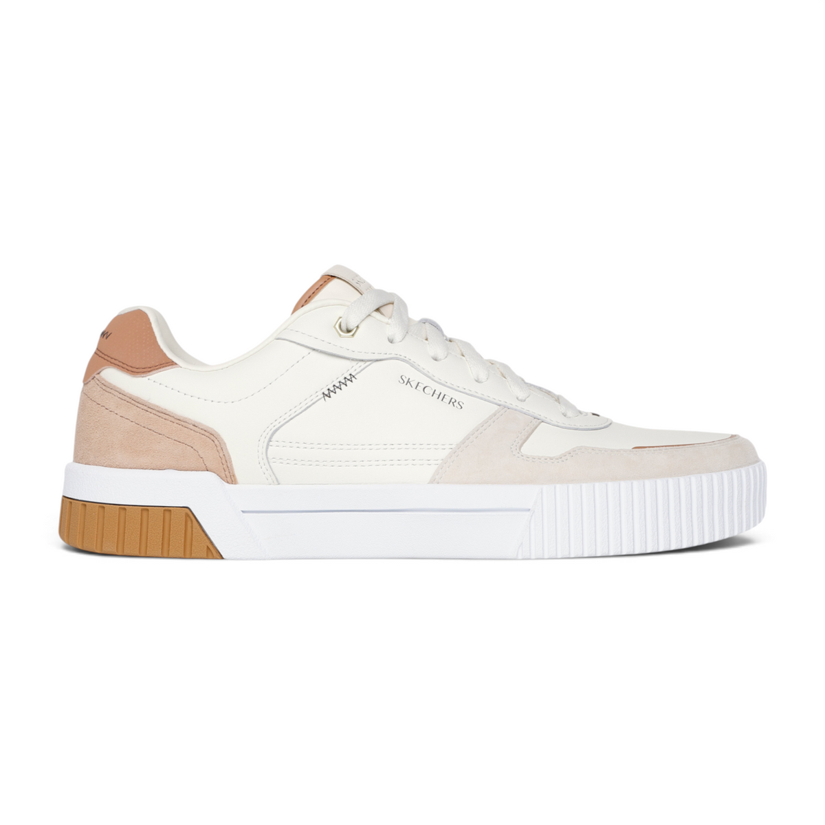 FRG Skechers Jade Kovos low-top court sneakers in white leather and suede with tan accents and memory foam insoles.