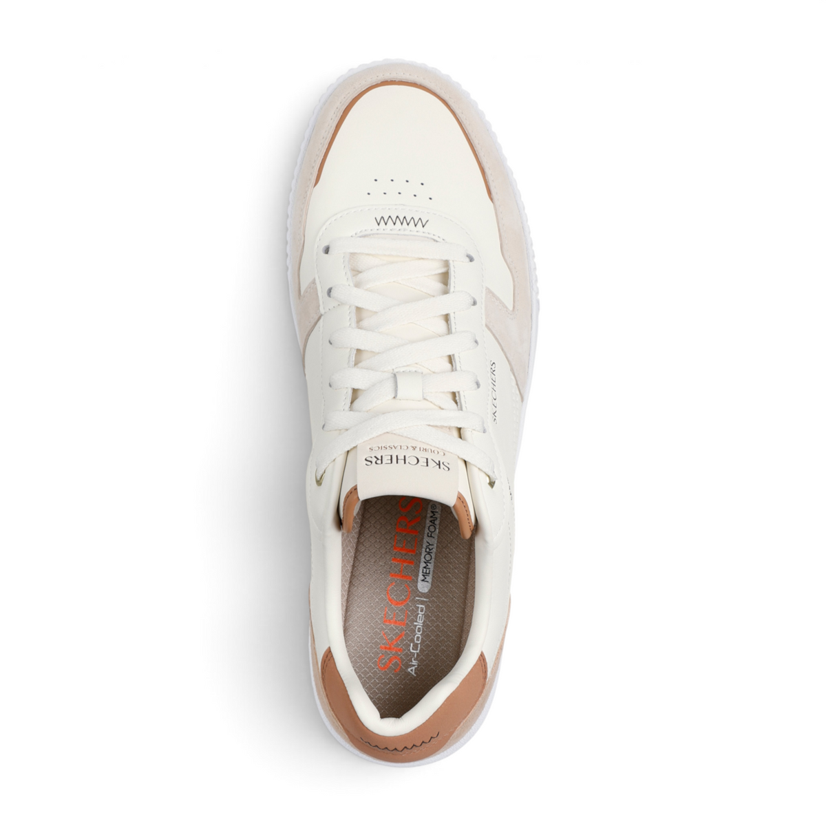 FRG Skechers Jade Kovos low-top court sneakers in white leather with suede overlays and memory foam insoles