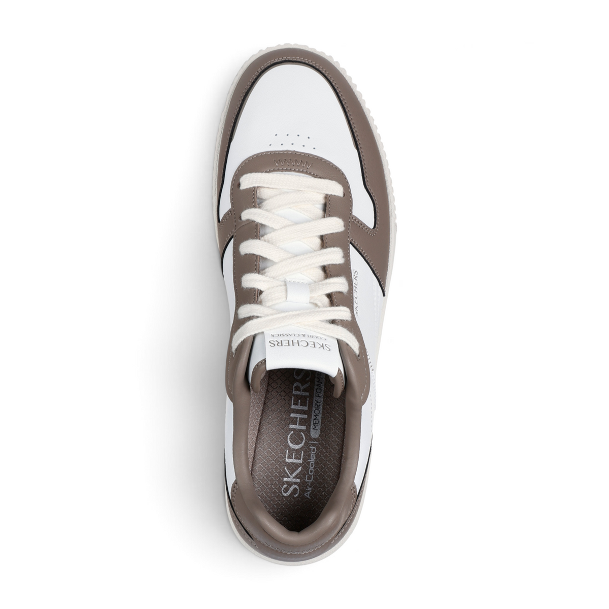 FRG Skechers Jade - Strane white and taupe duraleather court sneaker with lace-up closure and memory foam insole