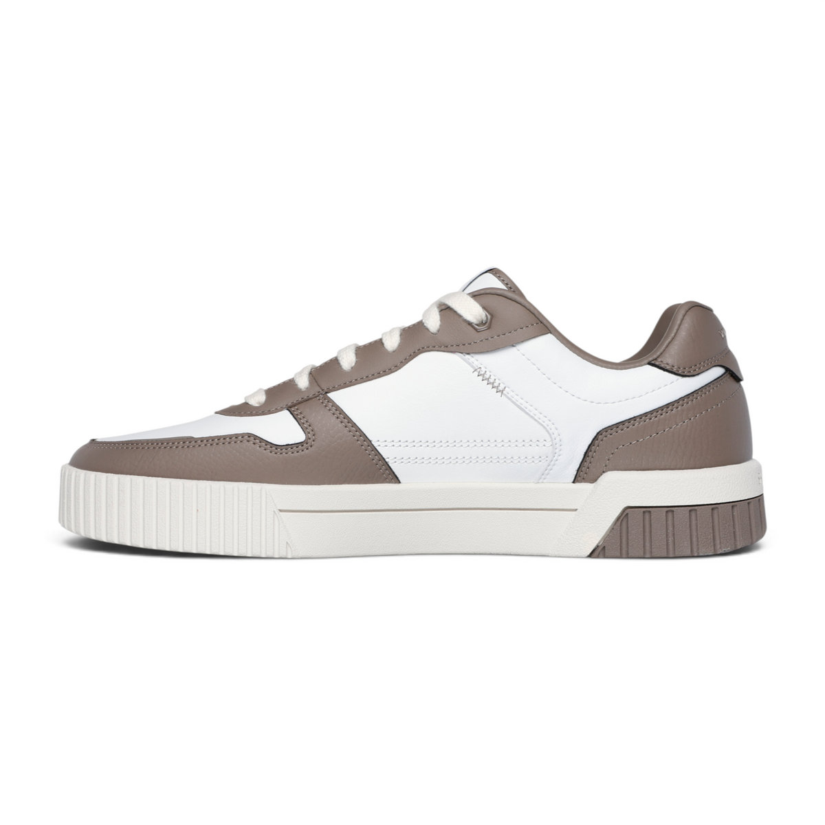 FRG Skechers Jade - Strane low-top court sneaker in white and taupe duraleather with lace-up closure.
