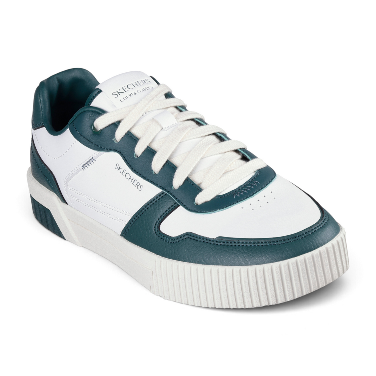 FRG Skechers Jade Strane low-top court sneakers in white and dark green duraleather with memory foam insoles