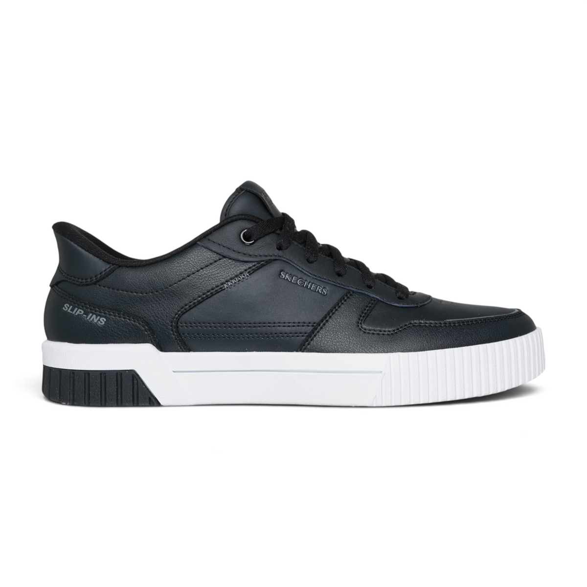 FRG JADE RAKON black leather Skechers Slip-ins sneaker with white textured rubber sole and lace-up closure