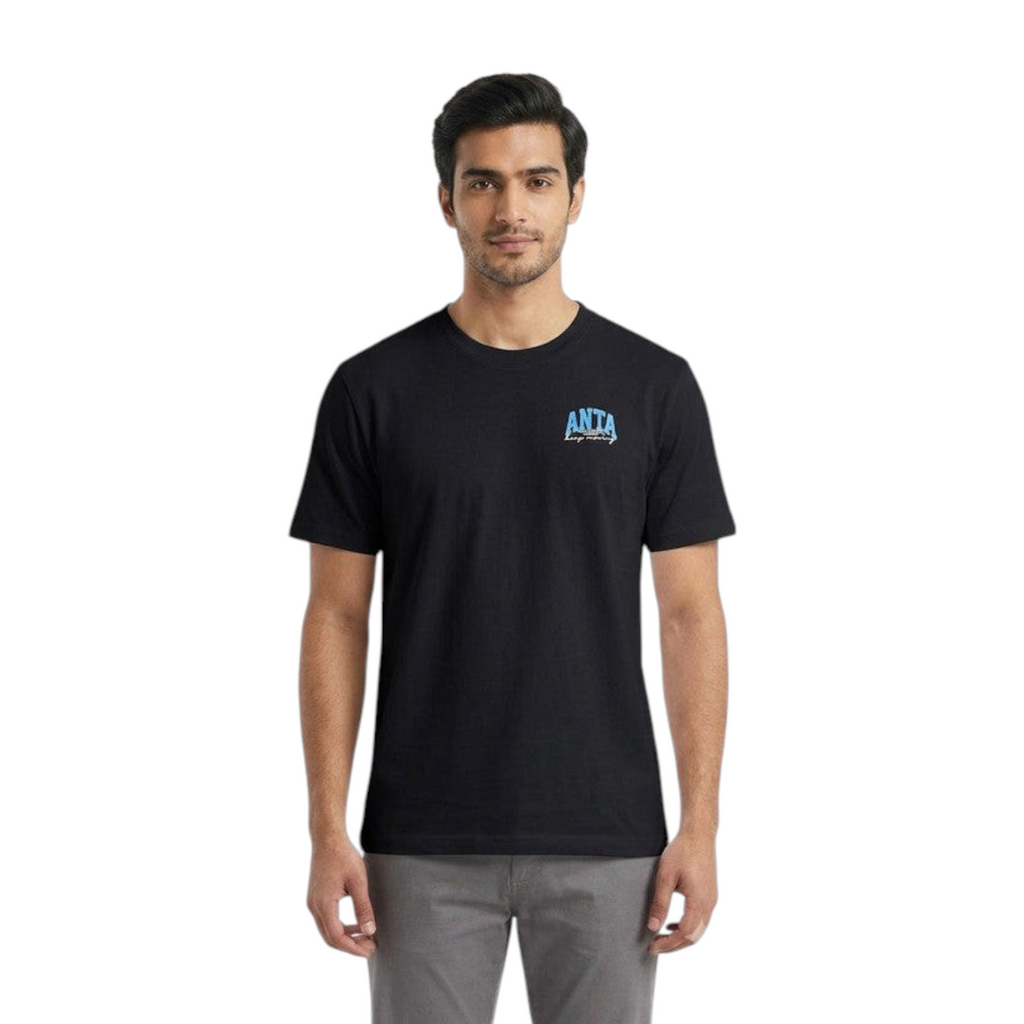 FRG ANTA Relay Baton black cotton crew neck t-shirt with blue logo on chest worn by a man