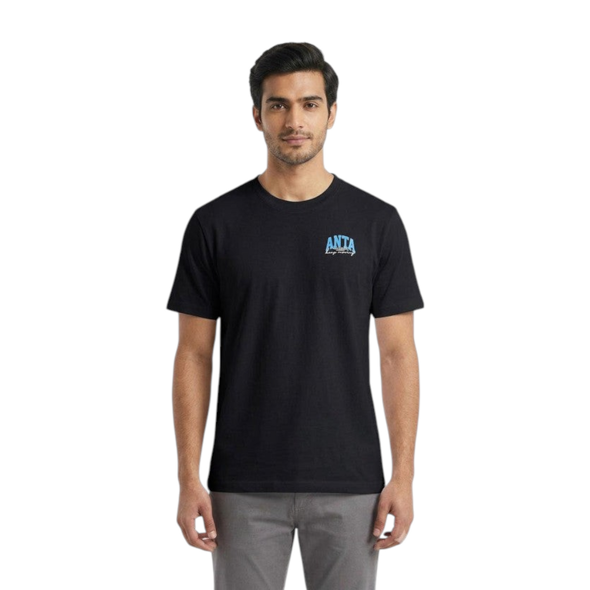 FRG ANTA Relay Baton black cotton crew neck t-shirt with blue logo on chest worn by a man