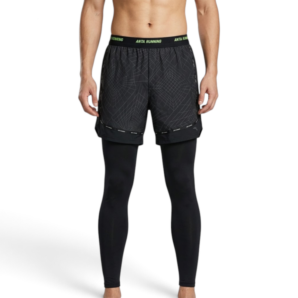 FRG ANTA running shorts with integrated black compression leggings featuring a geometric pattern and elastic waistband