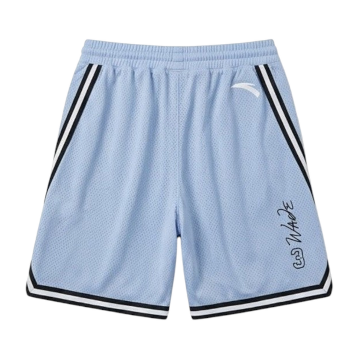FRG ANTA baby blue basketball knit shorts with black and white side stripes and Wade branding on the leg