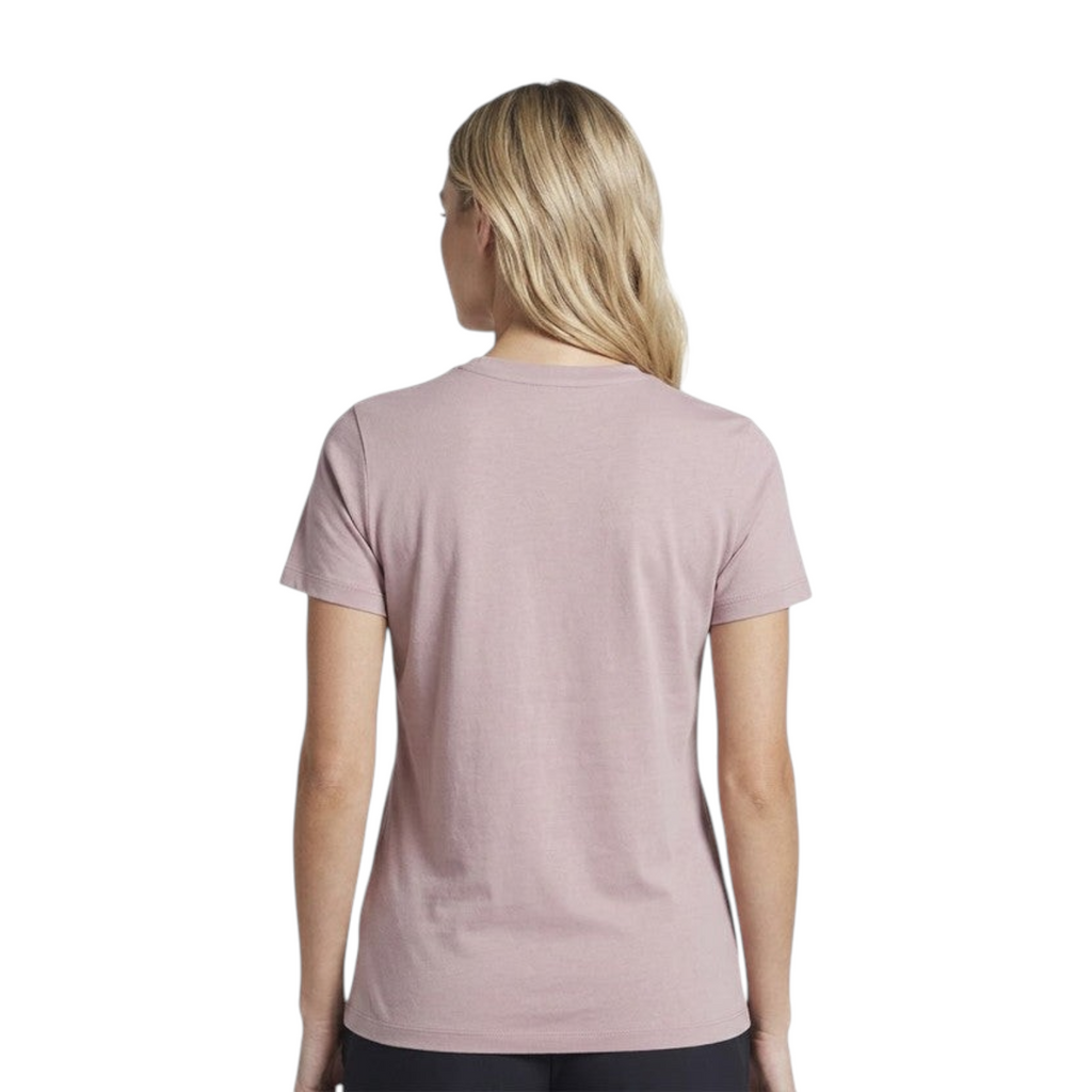 Back view of a woman wearing a FRG ANTA cross training short sleeve t-shirt in strong mild pink polyester fabric.