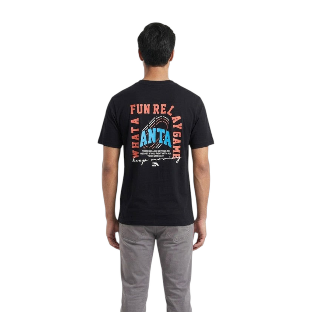 FRG ANTA Relay Baton black cotton t-shirt with graphic print on the back worn by a man from behind
