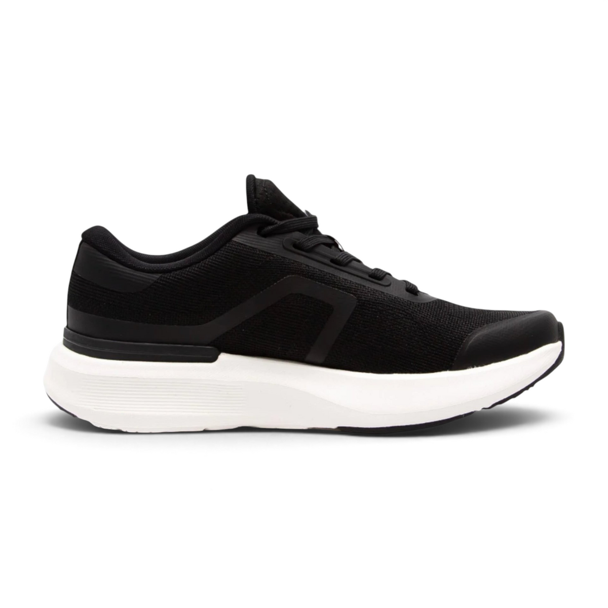 FRG black cross training shoes with a breathable mesh upper and a thick white cushioned sole for athletic support