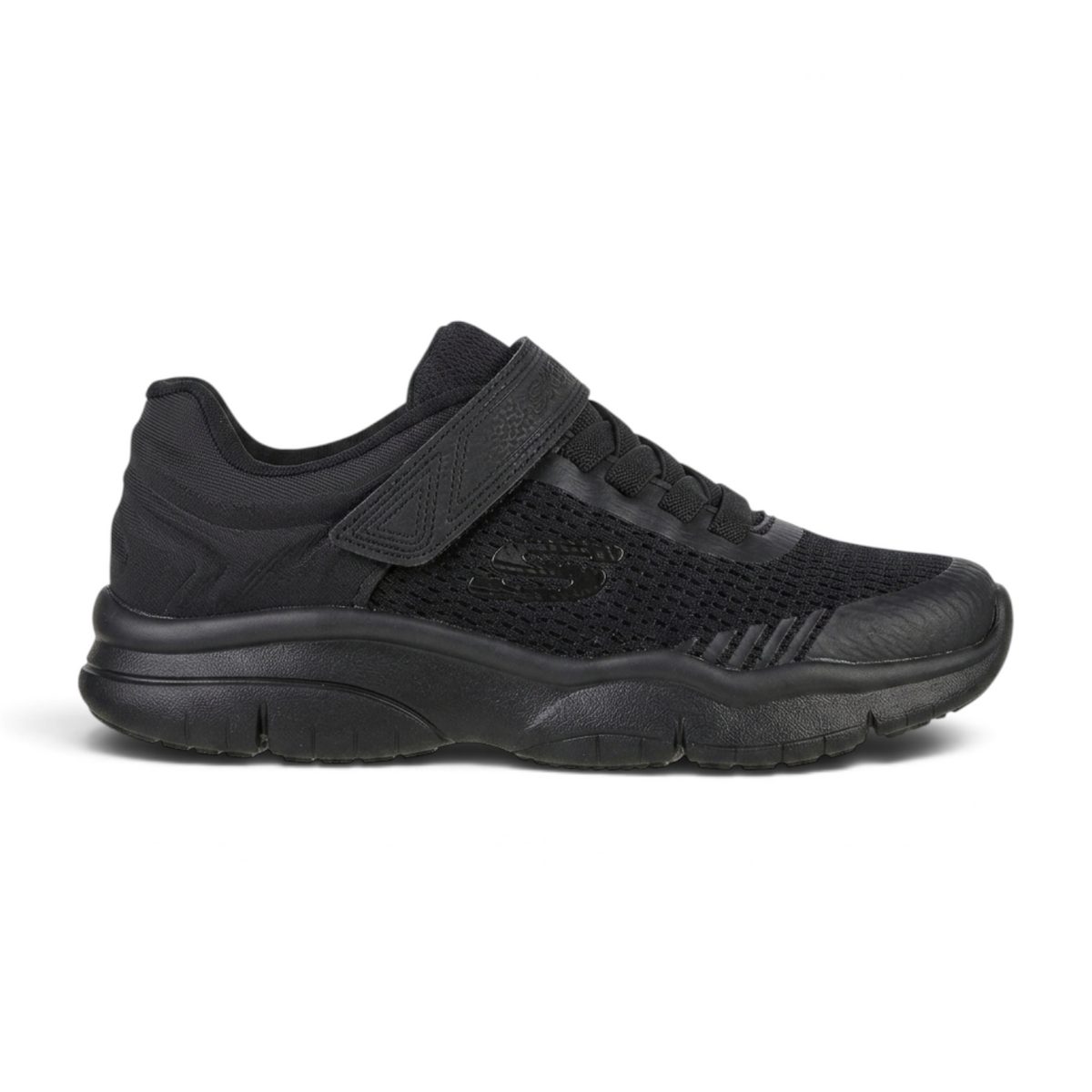 FRG Skechers Flex Blast Breezy Hype black trainer with breathable mesh upper and hook-and-loop strap closure