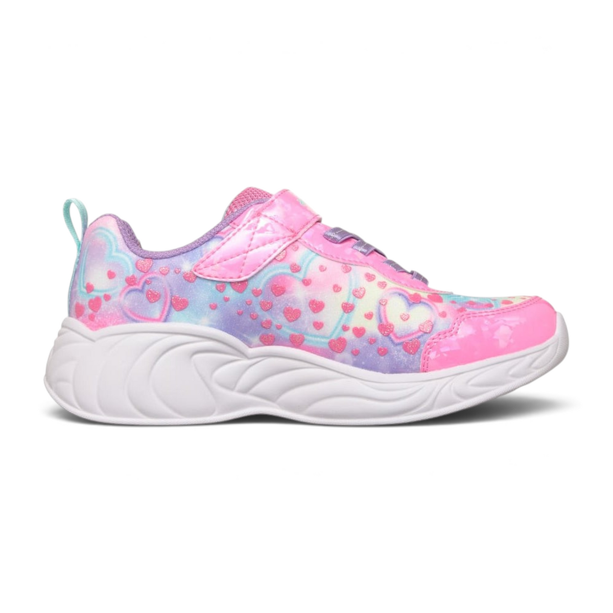 FRG Skechers Unicorn Dreams light-up sneakers in pink multi with heart graphics, hologram overlays, and strap closure.