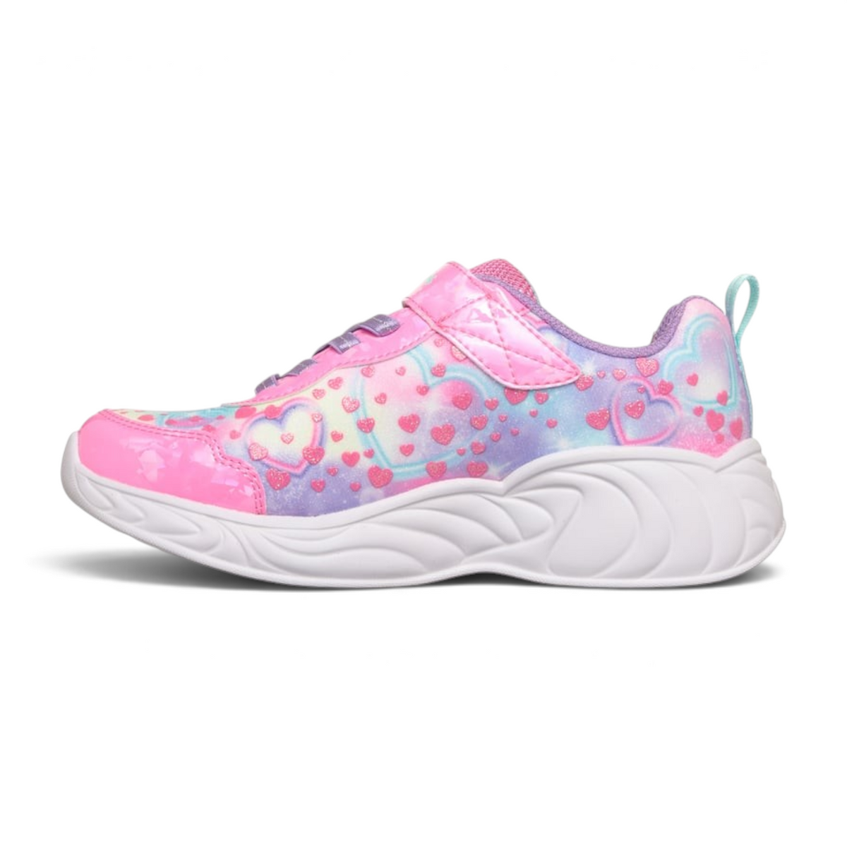 FRG Skechers Unicorn Dreams light-up sneaker in pink multi with heart graphics, hologram overlays, and white sole.
