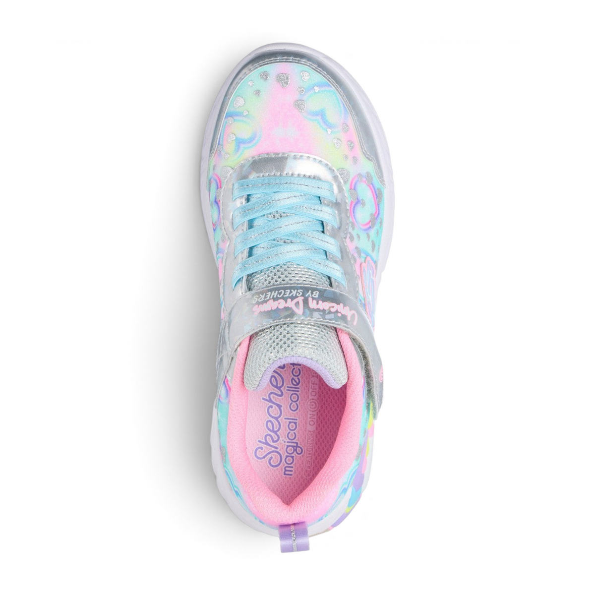 FRG Skechers Unicorn Dreams light-up sneakers in silver multi with heart patterns, hologram accents, and strap closure