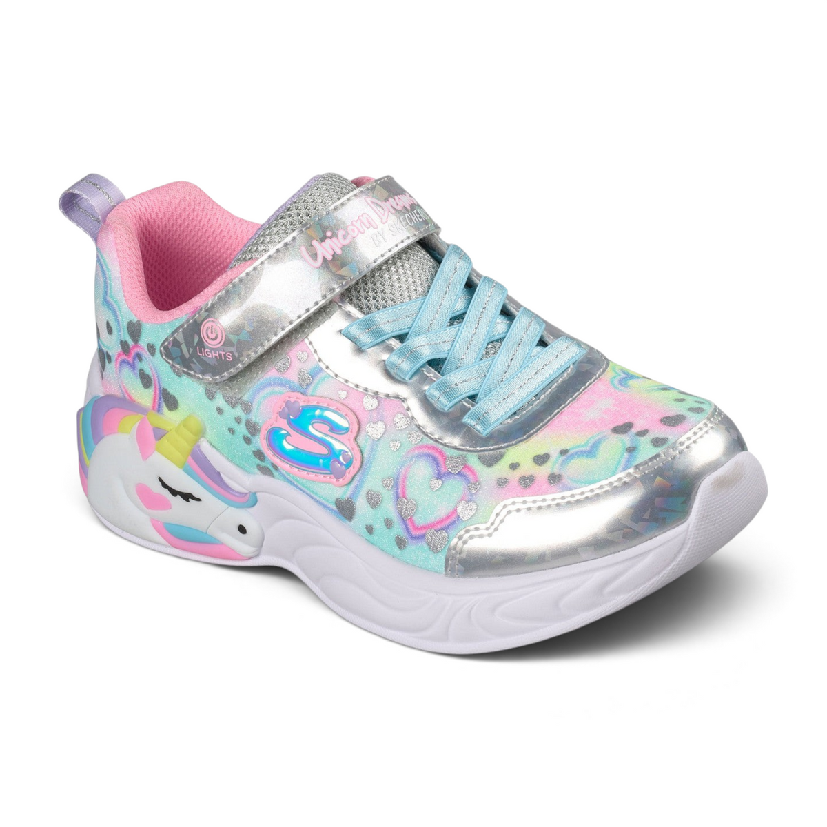 FRG Skechers Unicorn Dreams light-up sneakers in silver multi with hologram heart accents and adaptive closure