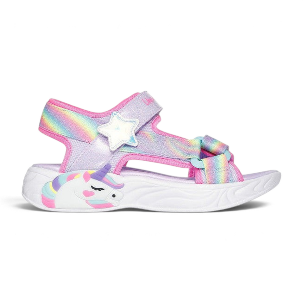 FRG Skechers Unicorn Dreams light-up sandals in lavender multi with shimmery rainbow straps and unicorn midsole
