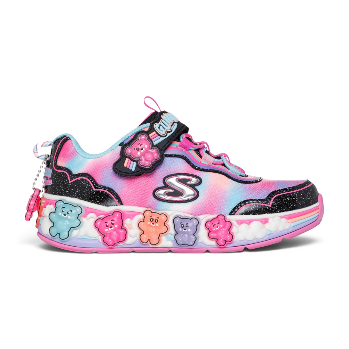 FRG SKECHERS Street Tres-Air Uno Vision-Airy sneaker featuring a vibrant tie-dye pattern, bear charms, and clouds.