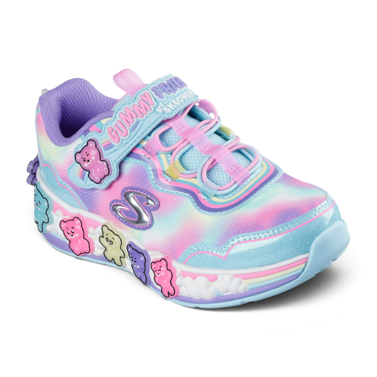FRG SKECHERS Street Tres-Air Uno Vision-Airy sneaker with pastel tie-dye, gummy bear charms, and rainbow accents.