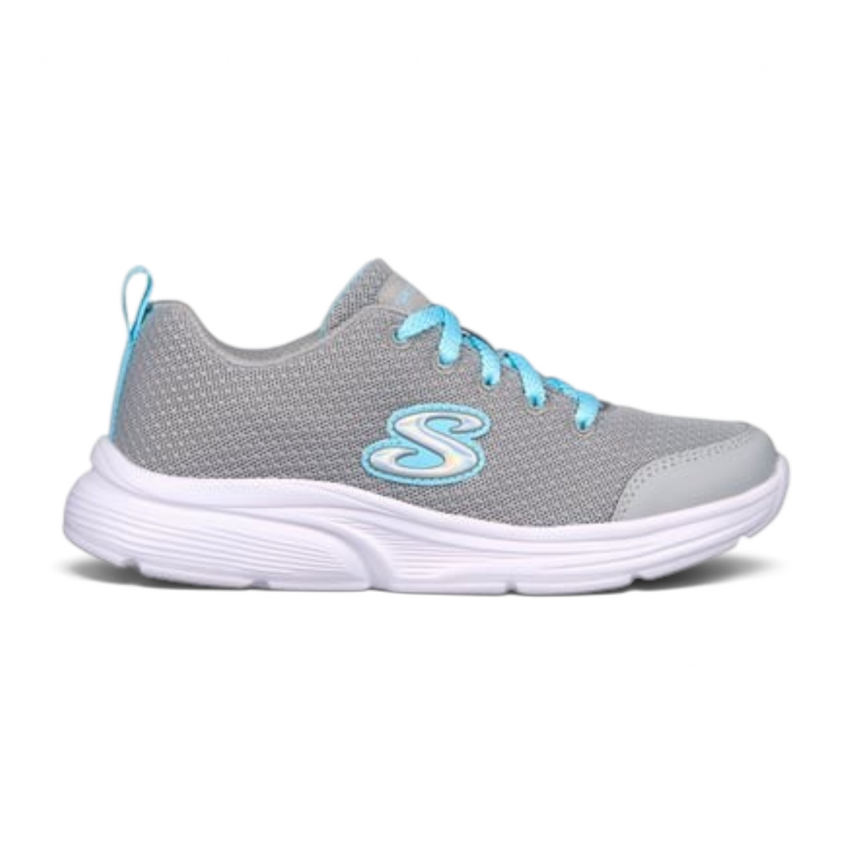 FRG WAVY LITES grey mesh athletic sneakers with bright blue laces and a metallic S logo on the side