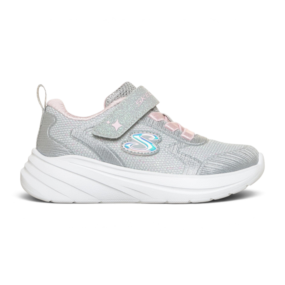 FRG Skechers Wave 92 kids sneaker in light gray with pink accents, hook-and-loop strap, and cushioned white sole.