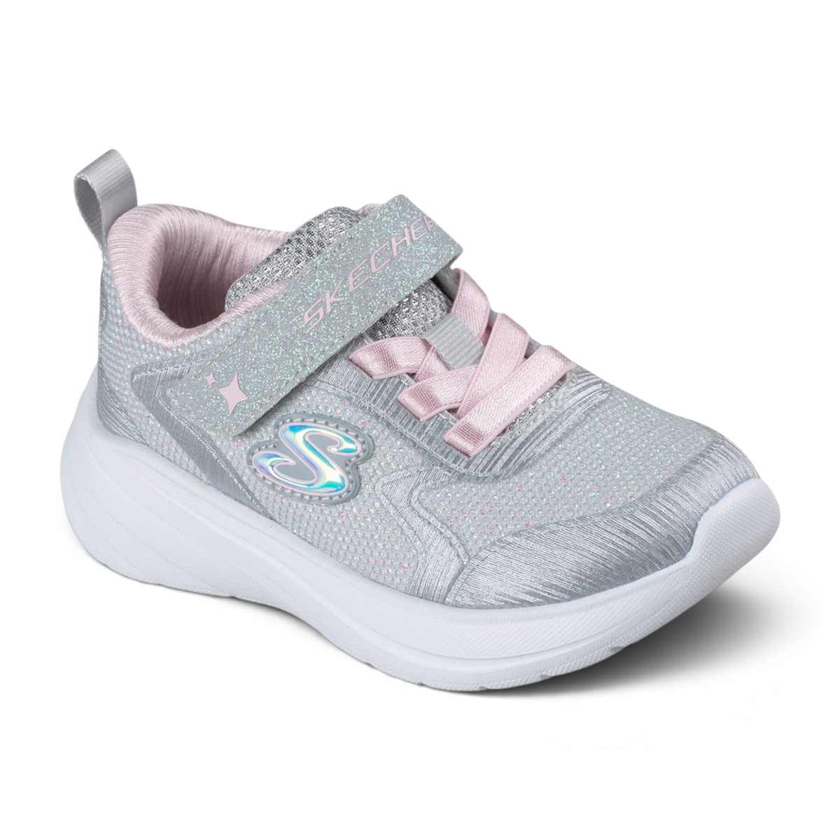 FRG Skechers Wave 92 kids sneaker in light gray with pink accents, hook-and-loop strap, and cushioned white sole.