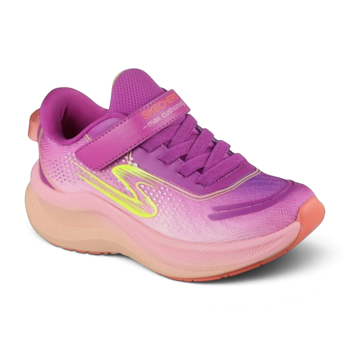 FRG Skechers Max Cushioning Ascend kids sneaker in purple and mint with a breathable mesh upper and cushioned sole.