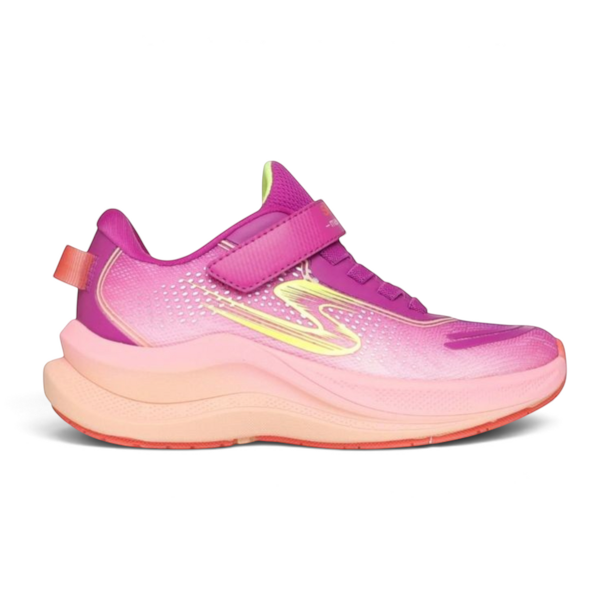 FRG Skechers Max Cushioning Ascend kids sneaker in purple and mint with a hook-and-loop strap and cushioned sole.
