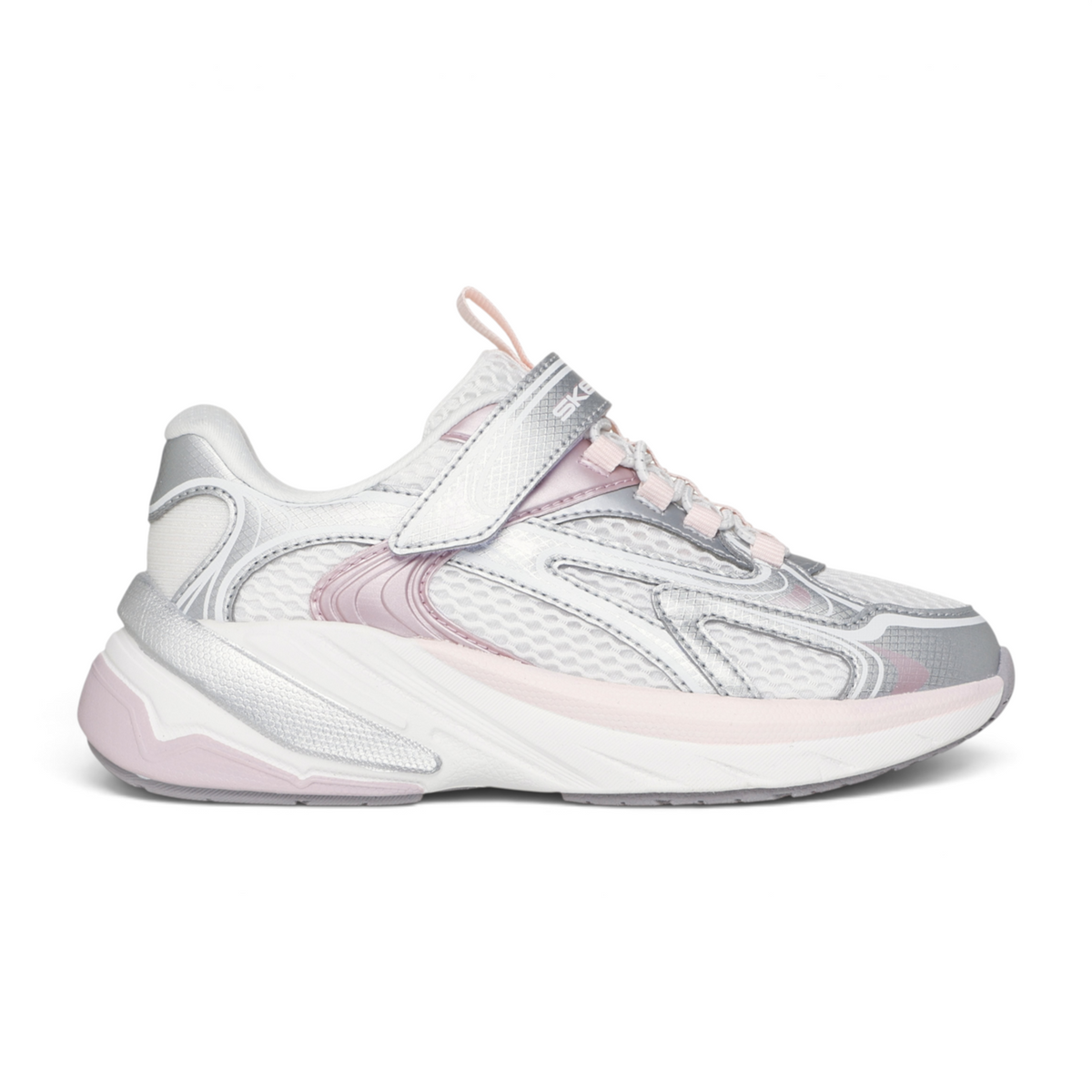 FRG S2K adaptive sneaker in white and soft pink with mesh panels, metallic silver accents, and velcro closure