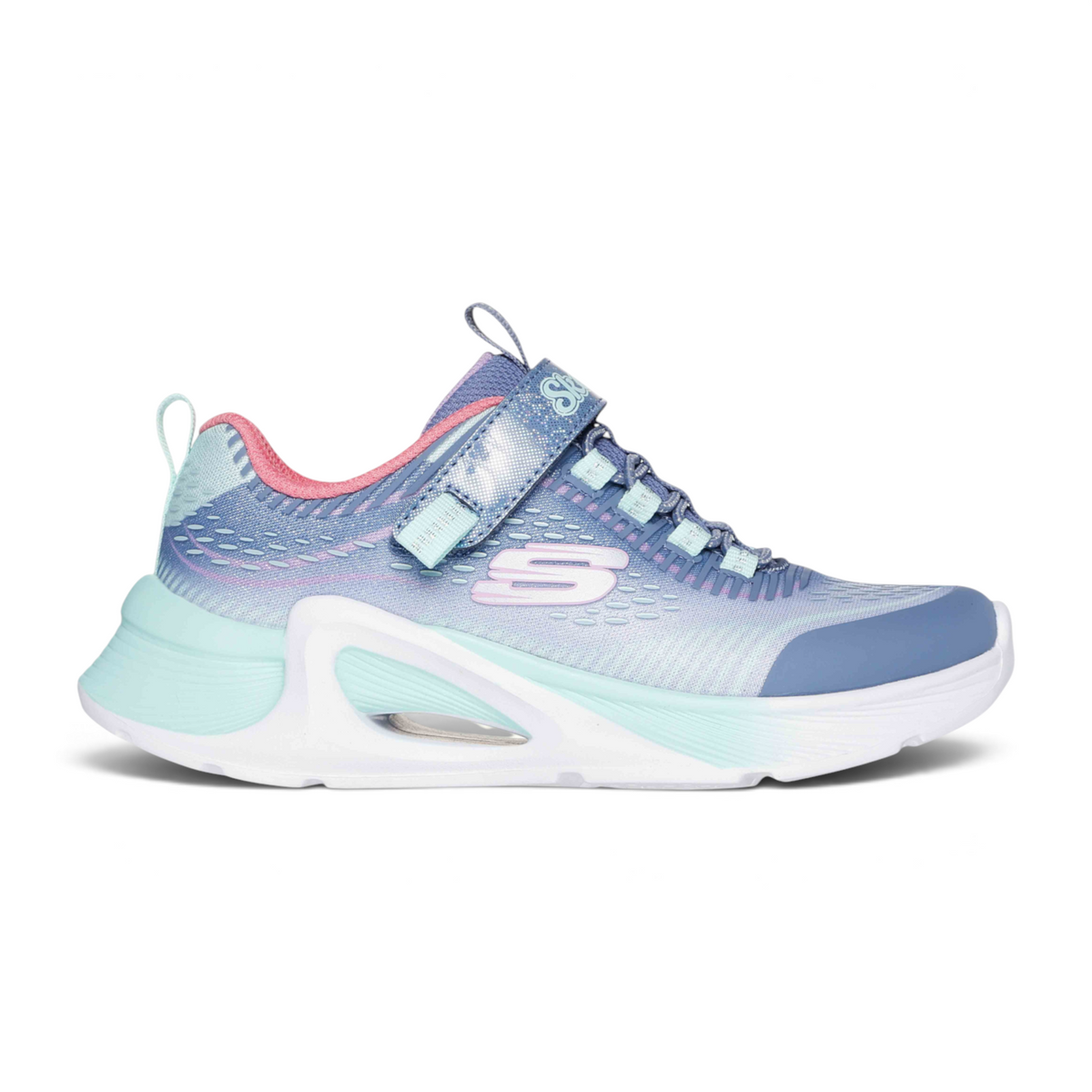 FRG TIDE TECH athletic sneaker in blue and lavender with a hook-and-loop strap and cushioned white midsole