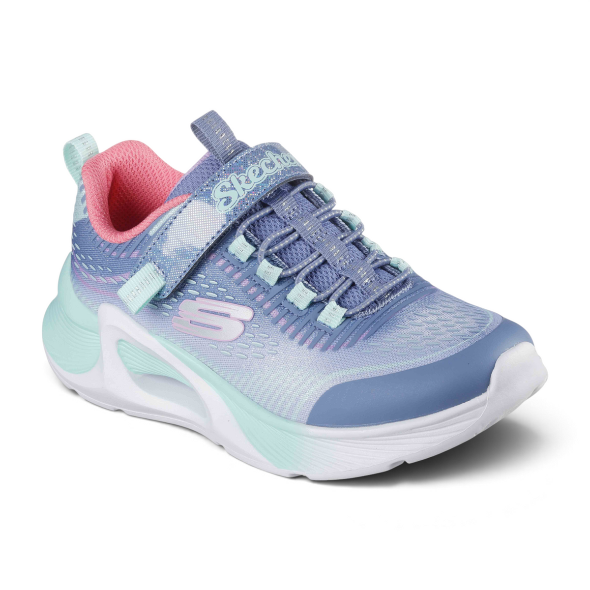 FRG TIDE TECH kids athletic sneaker in purple and mint with pink lining, hook-and-loop strap, and white sole