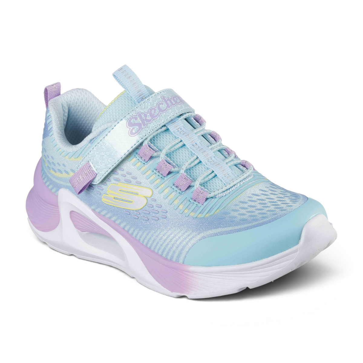FRG TIDE TECH kids athletic sneaker in light blue and lavender with a hook-and-loop strap and cushioned white sole