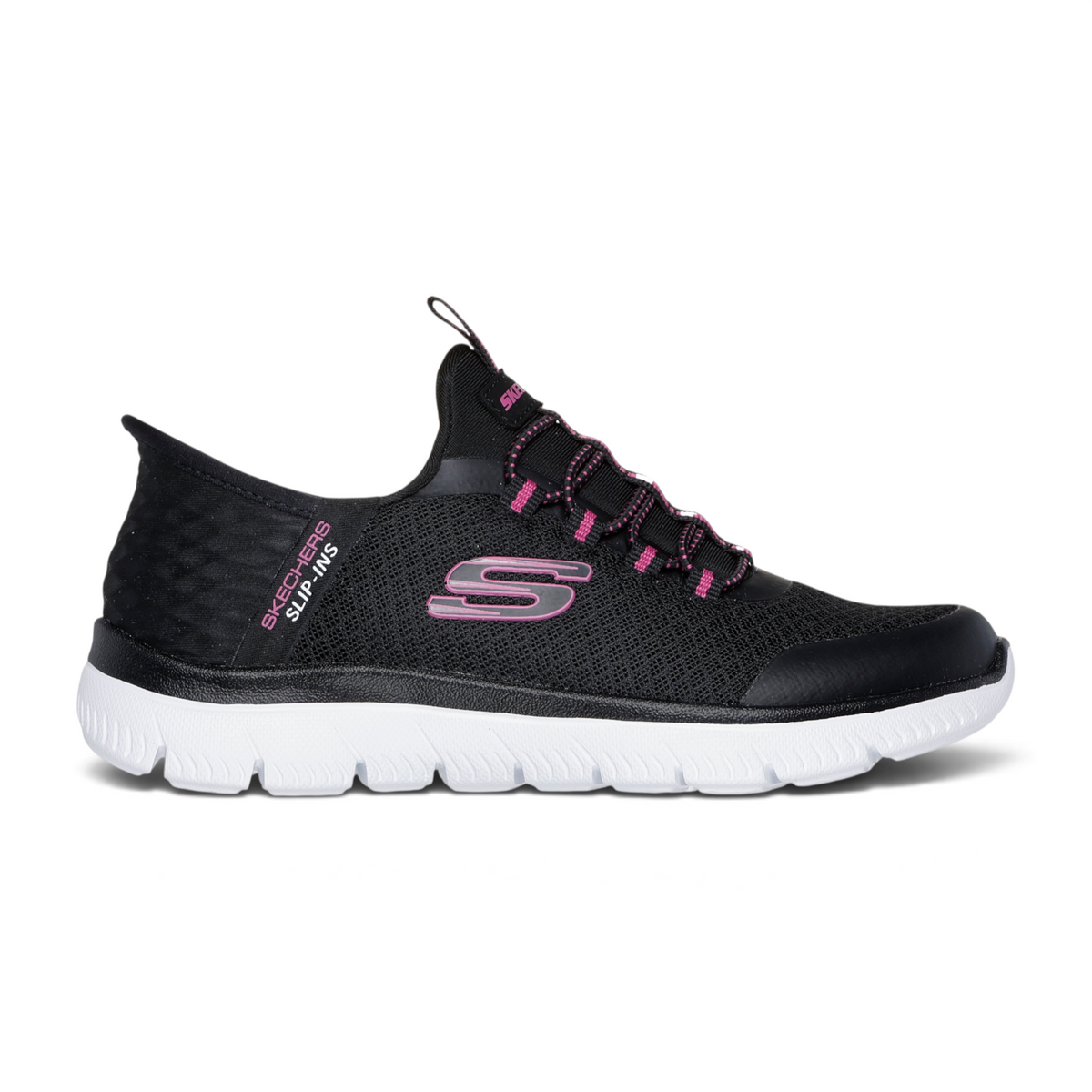FRG SLIP-INS: SUMMITS black athletic sneaker with pink accents, breathable mesh upper, and white cushioned sole