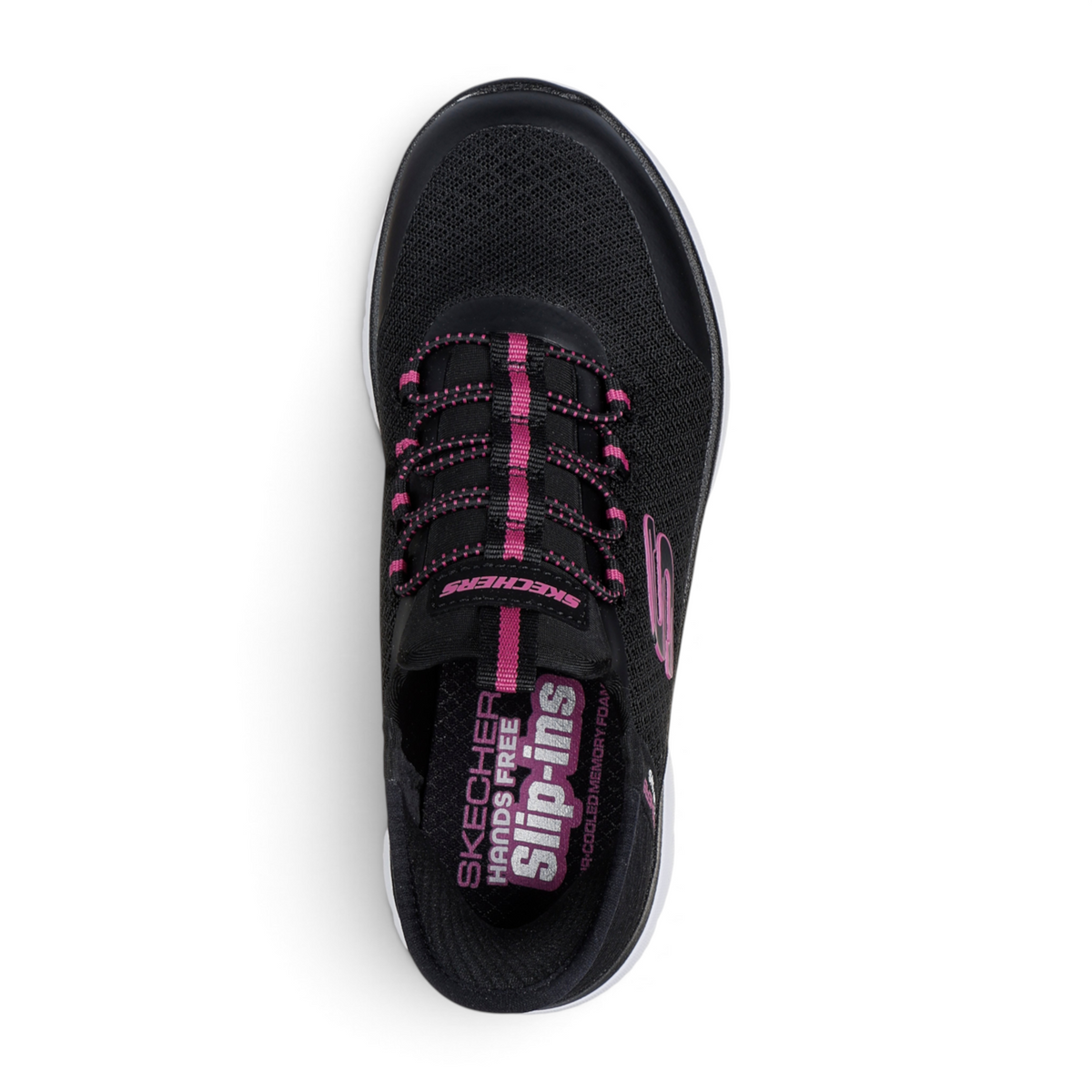 FRG SLIP-INS: SUMMITS black and pink mesh hands-free athletic sneaker with memory foam insole, top-down view