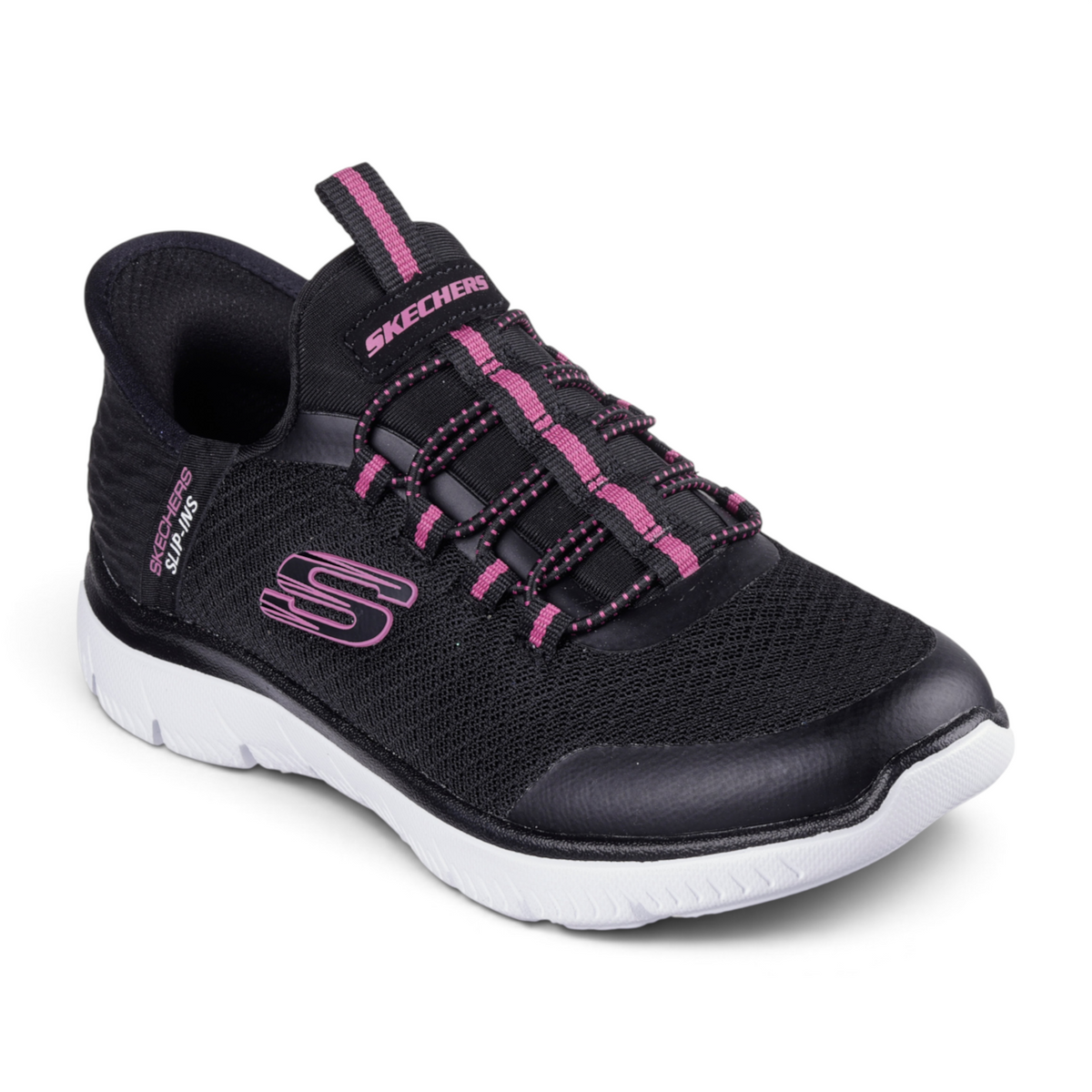 FRG SLIP-INS: SUMMITS black and pink athletic sneaker with breathable mesh upper and white cushioned sole