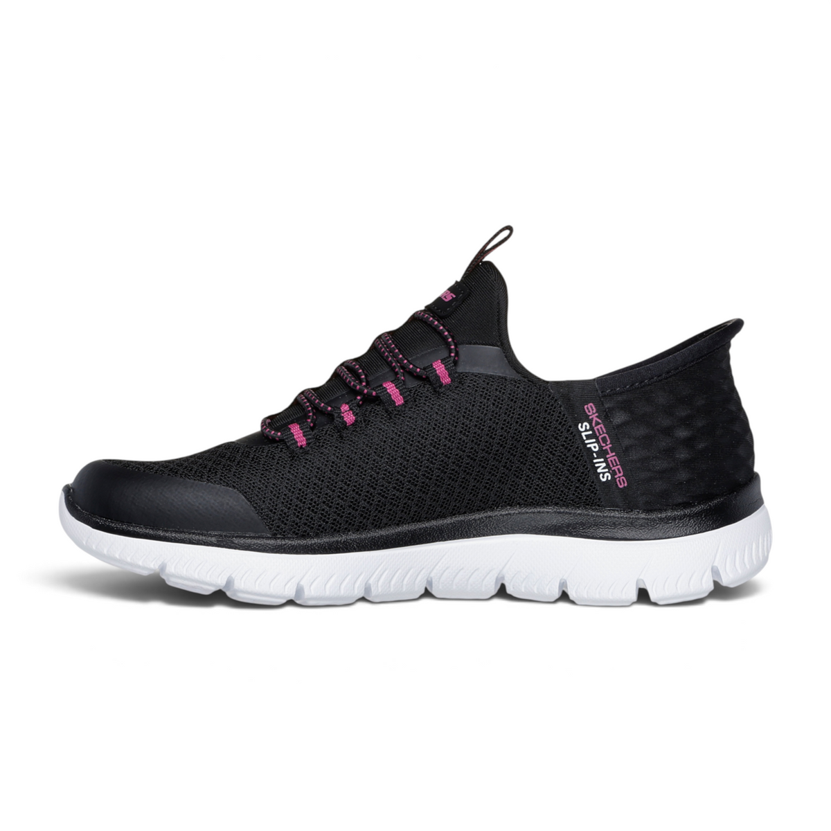 FRG SLIP-INS: SUMMITS black athletic sneaker with pink accents, breathable mesh upper, and white cushioned sole