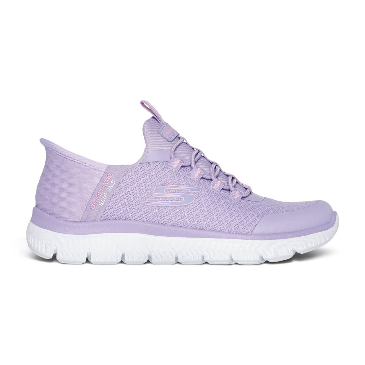 FRG Skechers Slip-ins Summits lavender mesh sneaker with white cushioned sole and slip-on design
