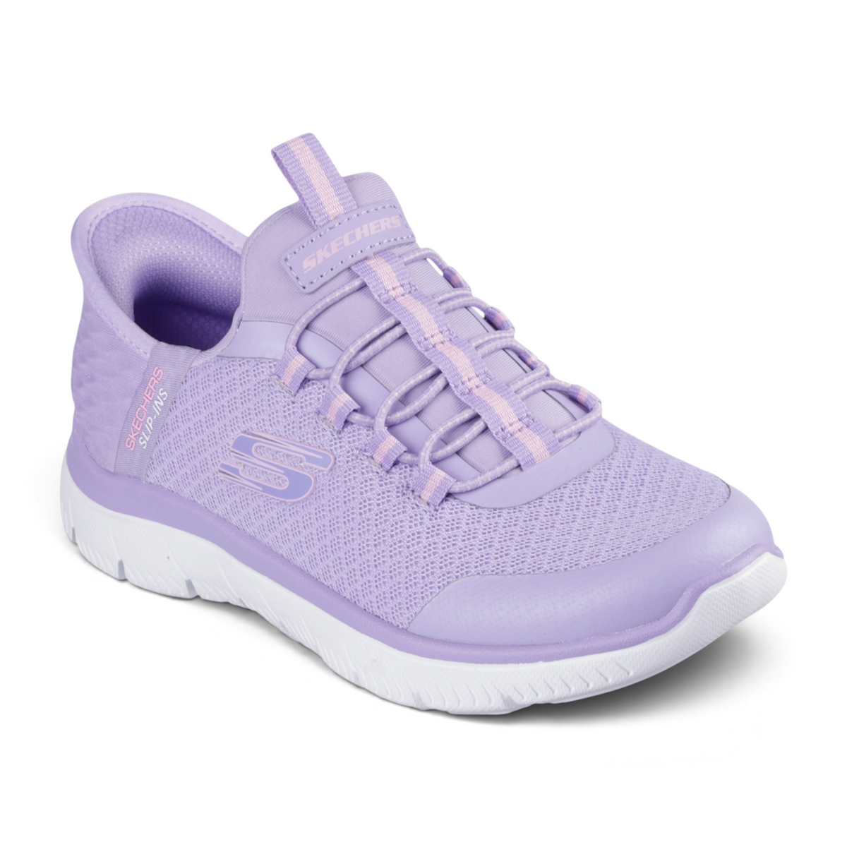 FRG Skechers Slip-ins Summits lavender mesh sneakers with elastic laces and white cushioned soles