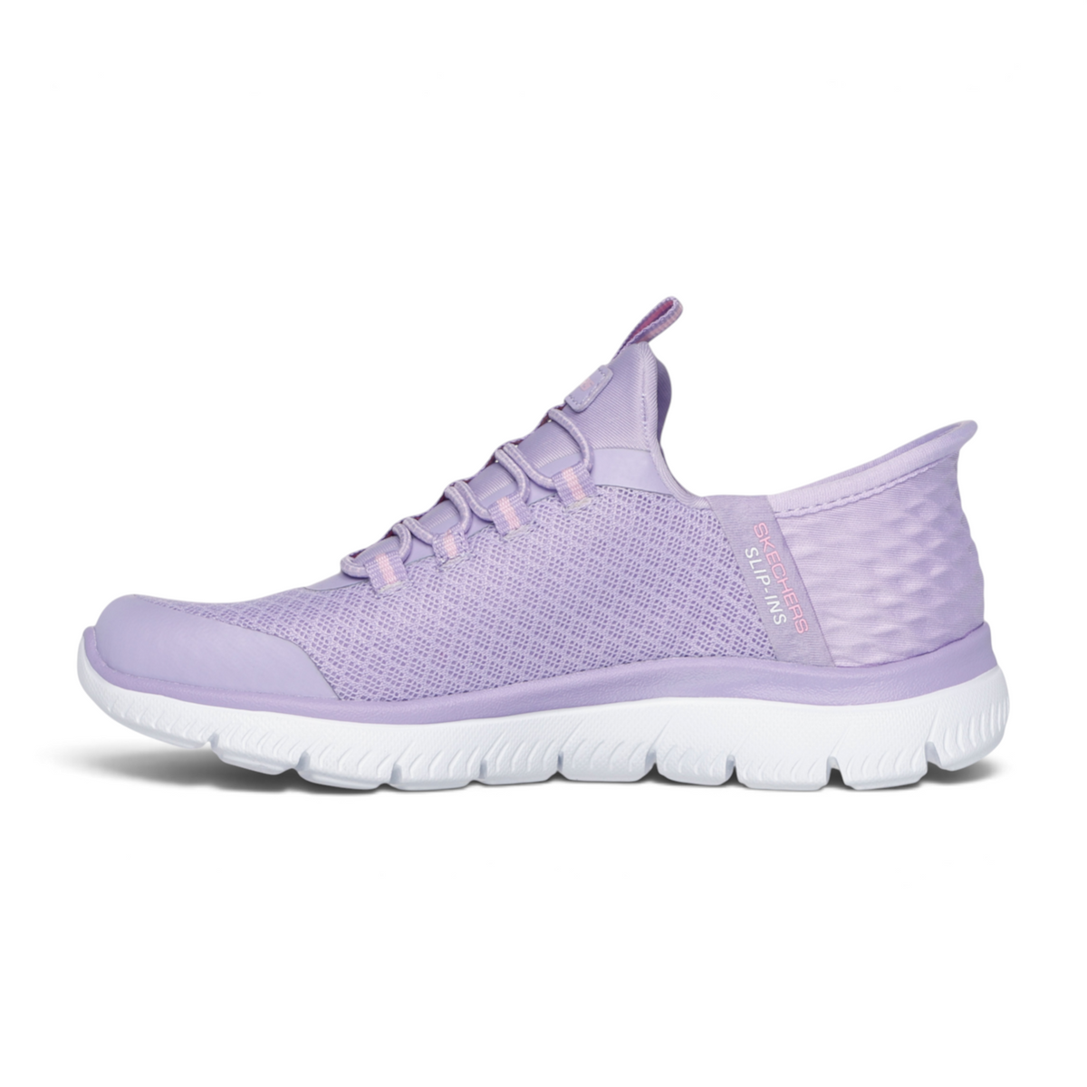 FRG SLIP-INS: SUMMITS lavender mesh slip-on sneaker with a white cushioned sole and side logo detail