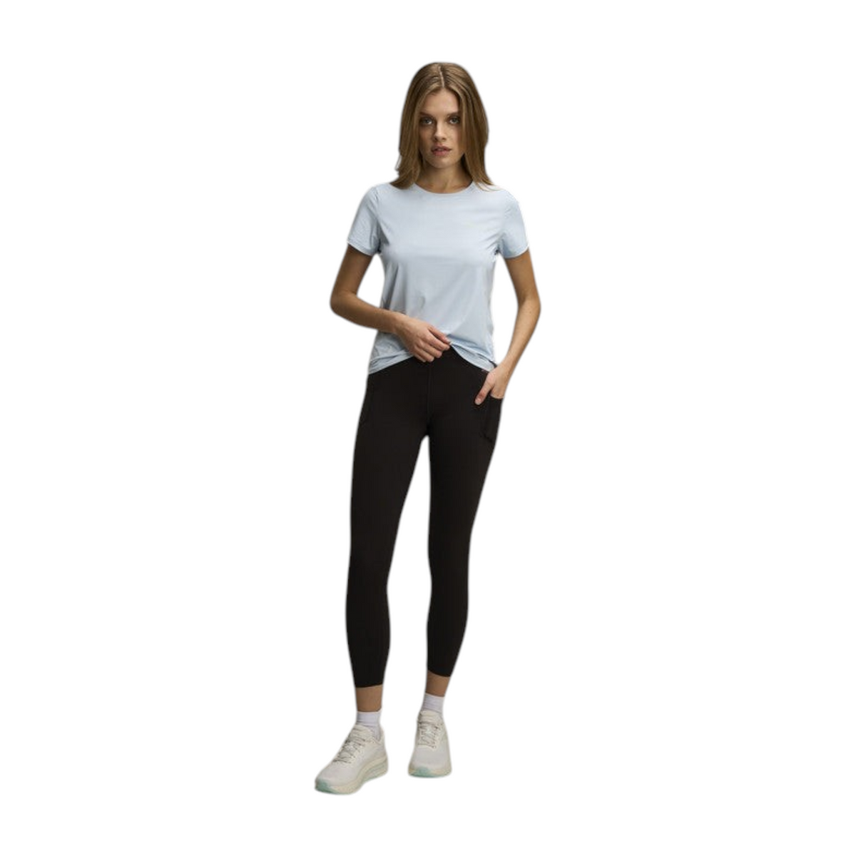 FRG Anta Pro black cropped leggings worn by a model with a light blue t-shirt and white sneakers