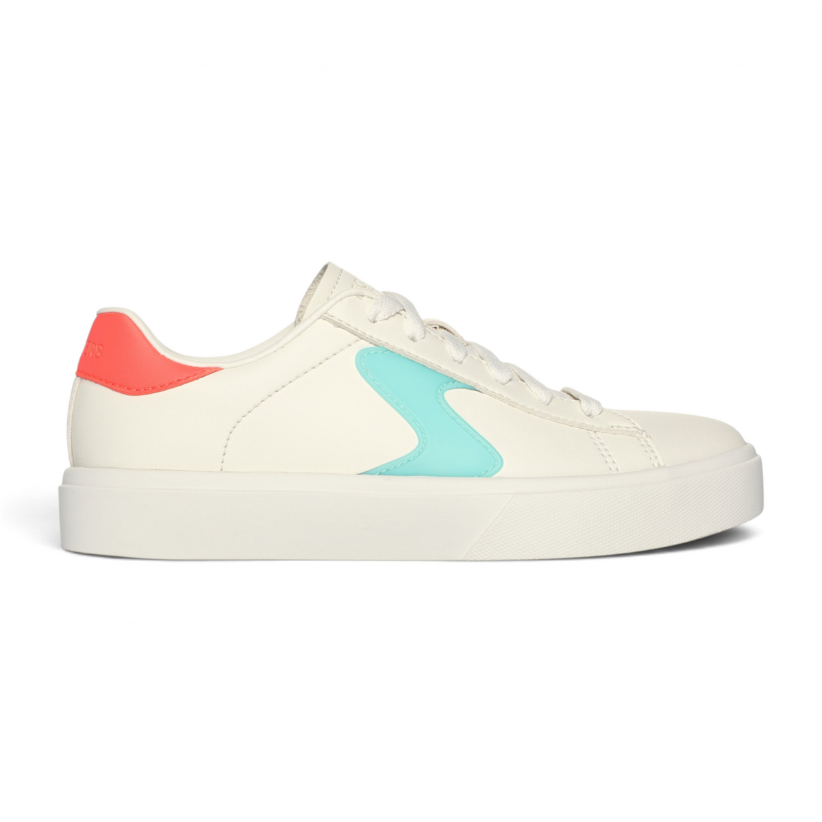 FRG EDEN LX white low-top sneaker with a turquoise side accent and coral heel tab on a white platform sole