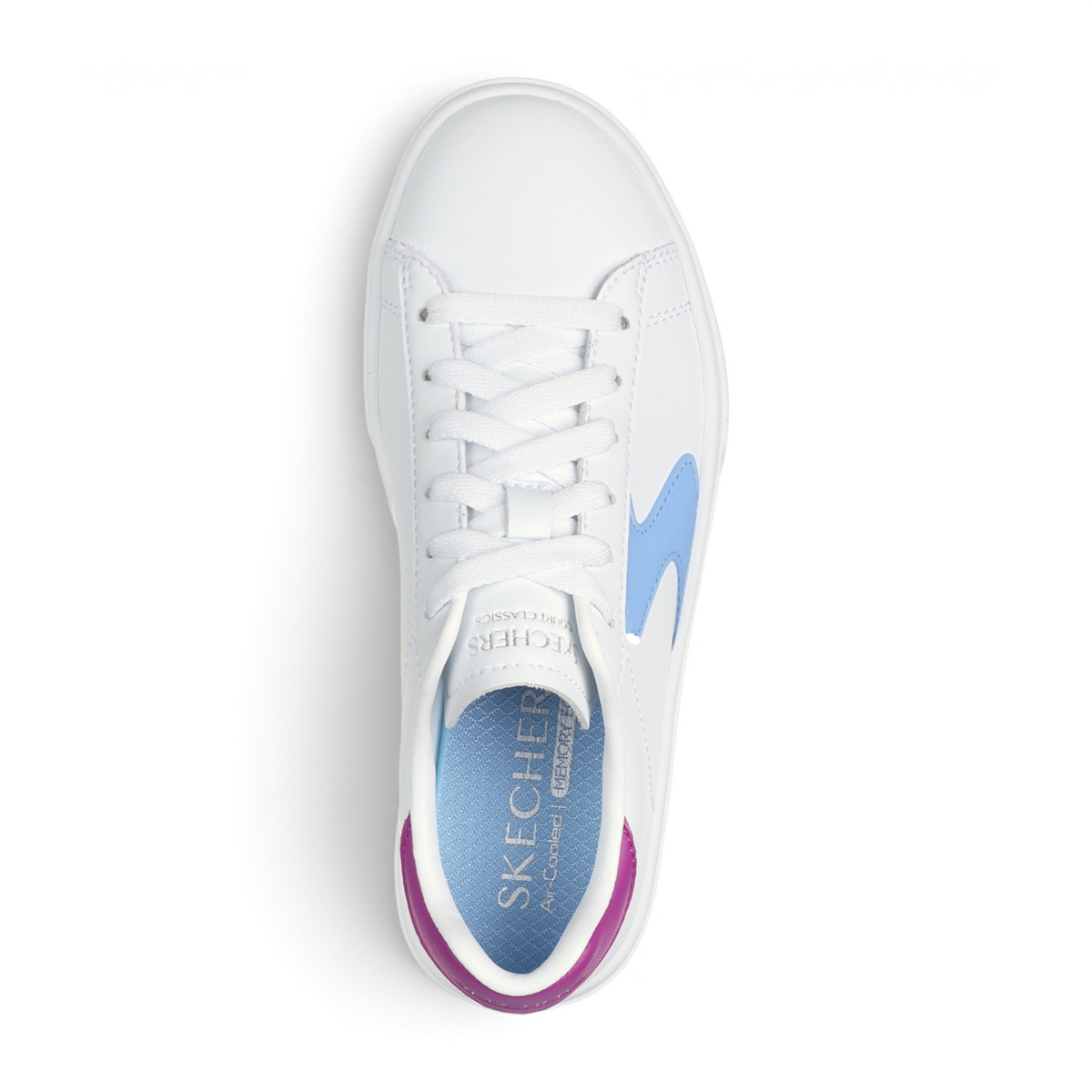FRG EDEN LX white leather sneaker with blue side detail and purple heel accent, top-down view