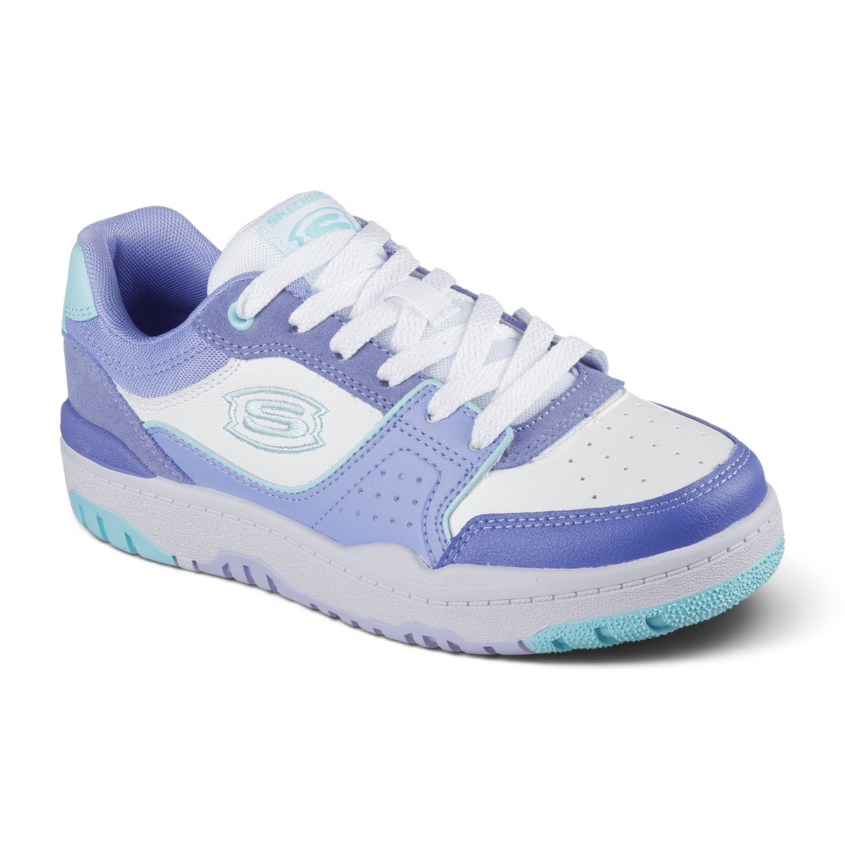 FRG SKECHERS Street Tres-Air Uno Vision-Airy sneakers in white, purple, and teal with a lace-up design.