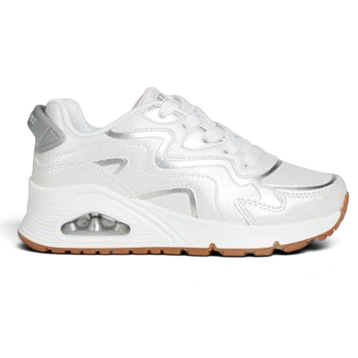 FRG SKECHERS Street Tres-Air Uno Vision-Airy white sneakers with metallic silver accents and a gum rubber outsole.