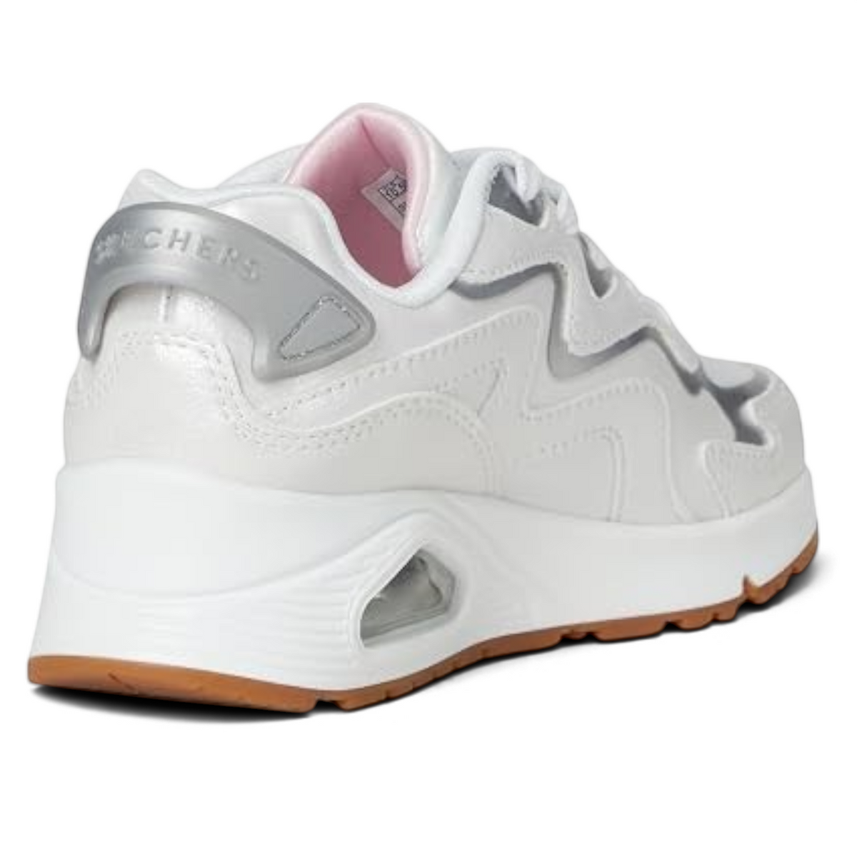 FRG SKECHERS Street Tres-Air Uno white sneaker with silver metallic accents, pink lining, and a gum rubber outsole.